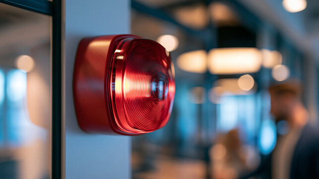 red fire alarm strobe light mounted on a bright wall in a commercial building, evacuation and safety concept, emergency preparedness, alert system, technology, modern interior,