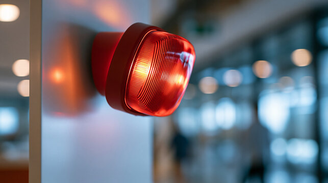 red fire alarm strobe light mounted on a bright wall in a commercial building, evacuation and safety concept, emergency preparedness, alert system, technology, modern interior,
