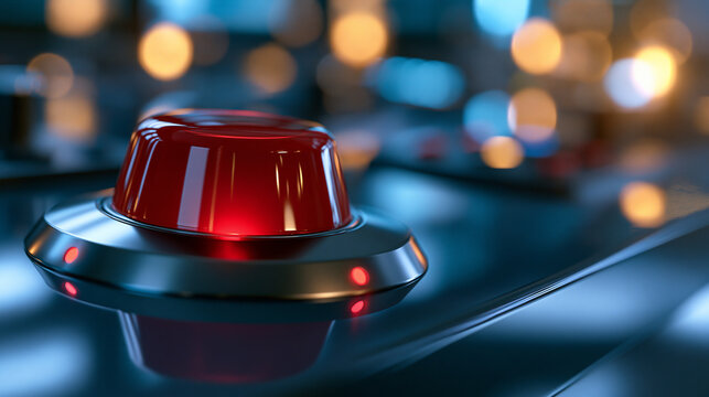 glossy red emergency button displayed in a bright high-tech control room setting, crisis management and final decision concept, security alert, technology, control panel, modern,