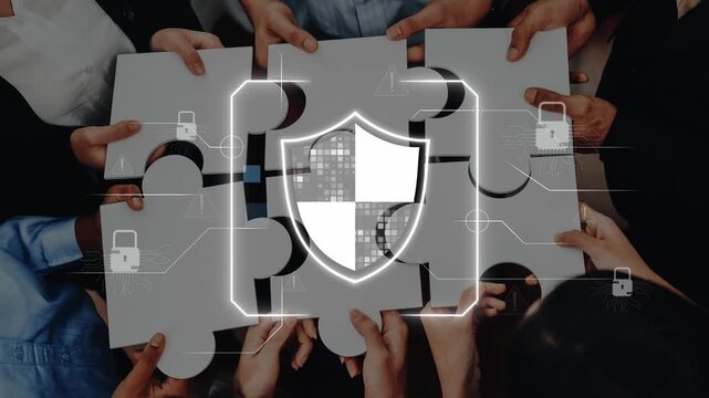 A diverse group of business professionals collaborates on digital security solutions using puzzle pieces, symbolizing integration and protection in the modern tech landscape. Raster