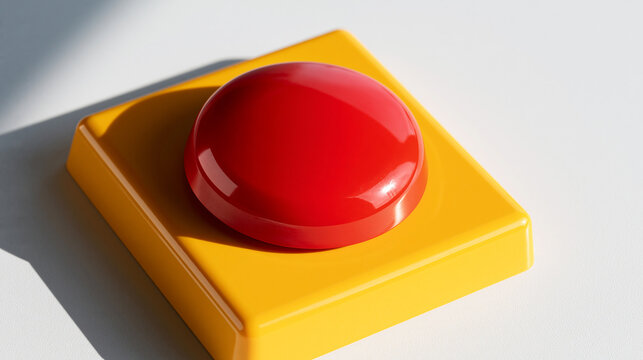 red push button mounted on a yellow square base against a bright clean background, emergency stop and alarm activation concept, industrial safety, control panel, technology, alert