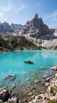 Person rowing a small wooden boat on a turquoise glacial mountain lake with mountain turquoise adventure landscape outdoors wilderness peaceful explorer