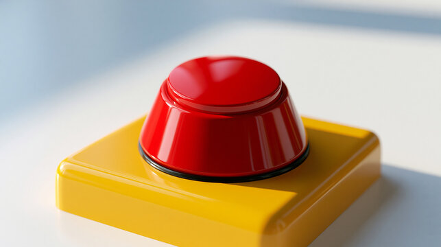 red push button mounted on a yellow square base against a bright clean background, emergency stop and alarm activation concept, industrial safety, control panel, technology, alert