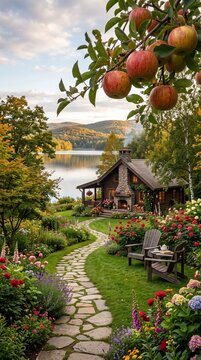 Idyllic cottage garden path leading toward a lake view with ripe red apples landscape relaxing tranquil backyard beautiful peaceful colorful sunlight