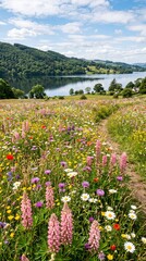 Obraz premium Wildflower meadow in full bloom beside a tranquil lake in summer with wildflowers landscape colorful outdoors peaceful botanical daylight countryside