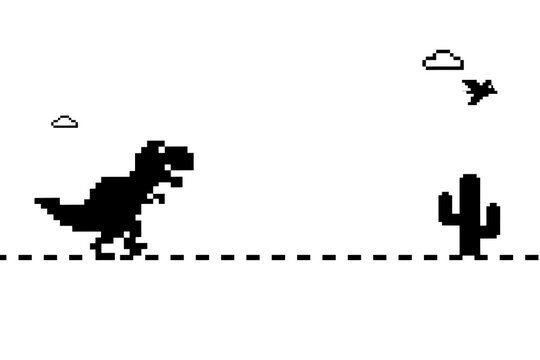Pixelated t rex running from cactus obstacle high resolution picture
