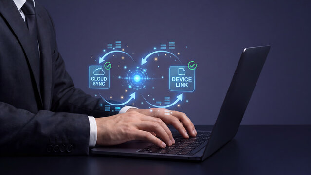 Cloud sync and device link data transfer for online storage backup technology concept. Businessman hand typing on laptop with cloud and device connection icon in circular arrow loop dark office
