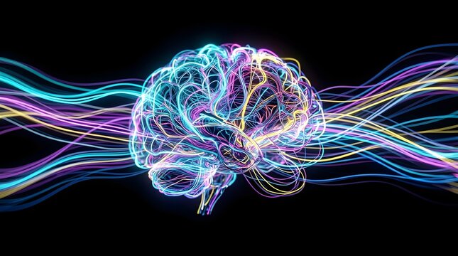 A vibrant digital illustration of a human brain with colorful glowing lines on a black background