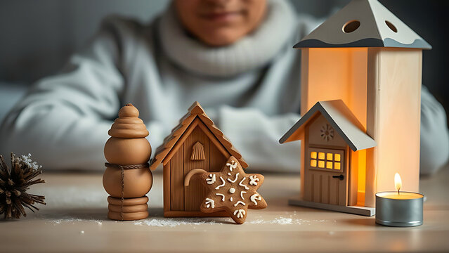 Miniature carved alphorn, gingerbread chalet cookie and paper lantern on workspace, safe tradition concept