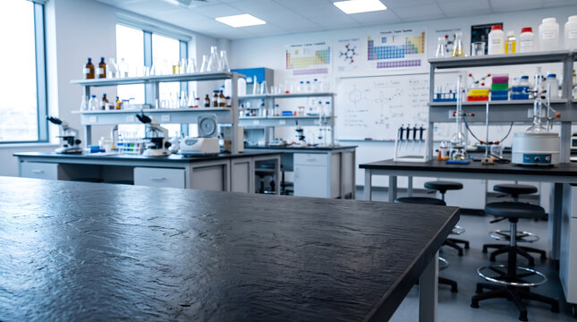 Modern Empty Science Laboratory Interior with Research Equipment and Dark Lab Bench