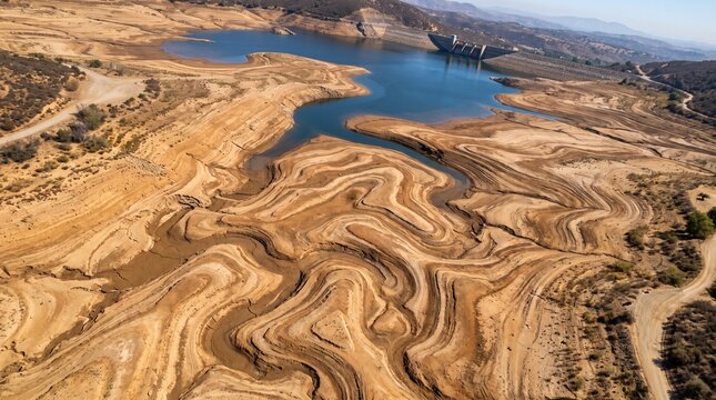 Aerial view of a severely drought-stricken reservoir with cracked earth and low water levels