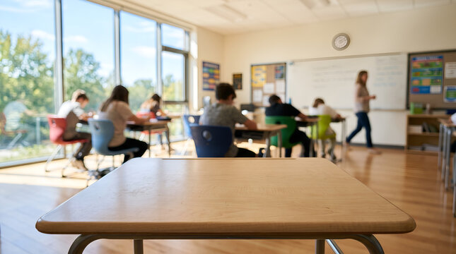 Modern Classroom Interior with Empty Desk in Foreground and Blurred Students Learning