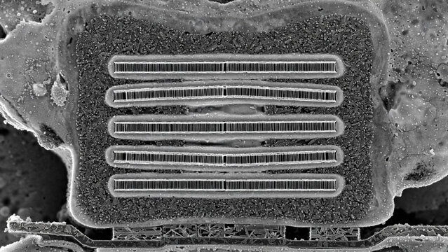 GAA nanosheet transistor transmission electron microscope cross-section, Stacked silicon nanosheet transistor TEM imaging, Gate-all-around transistor cross-section multiple stacked silicon