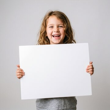 Smiling Child Holding Blank White Board with Copy Space for Advertising and Marketing