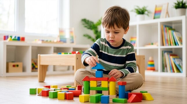 Preschool Child Building Colorful Toy Blocks with Concentration During Educational Play