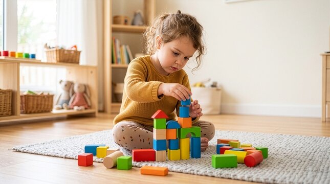 Preschool Child Building Colorful Toy Blocks with Concentration During Educational Play