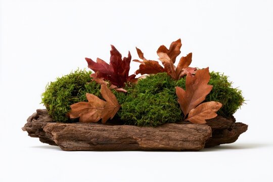 Autumn leaves on mossy log against white background.