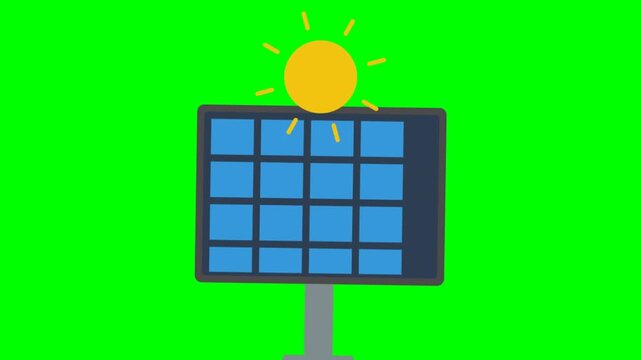 Vector illustration of solar panel under shining sun on chroma key green screen background, renewable green energy icon