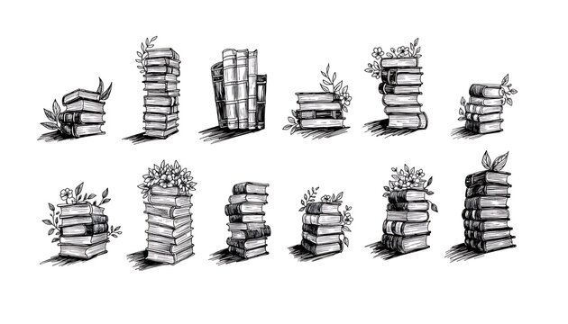 black and white line art of twelve hand drawn book stacks cut out isolated on transparent white background PNG. AI GENERATED.
