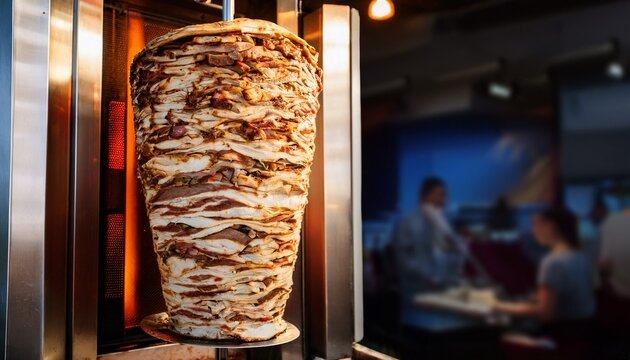 delicious shawarma cooking on vertical rotisserie n authentic turkish street food kebabs