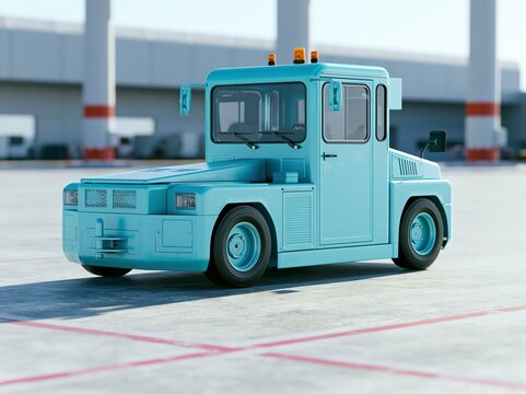 Modern electric pushback tractor parked in bright daylight at an airport ground station