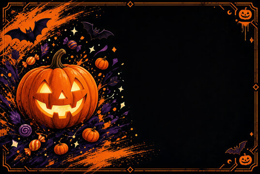 Spooky Halloween Glowing Pumpkin and Splatter Frame for party invitations pop with vibrant Halloween banner