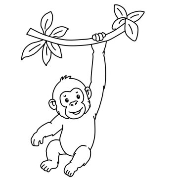 Cute orangutan swinging on tree branch line art coloring page vector