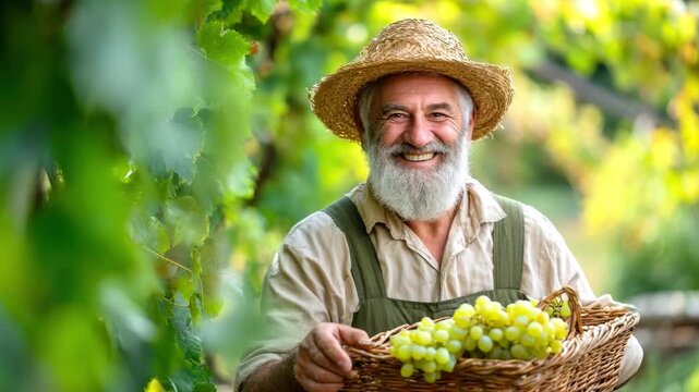 A happy farmer in a straw hat holds a wicker basket with large bunches of green and red grapes. Sunlight filters through the vine leaves. Concept of harvesting, winemaking, and organic farming