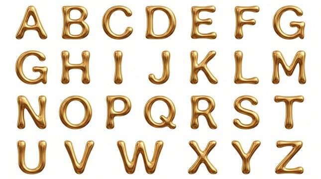 Golden balloon alphabet set, 26 metallic 3D letters from A to Z, shiny gold foil typography for luxury party branding and celebration design