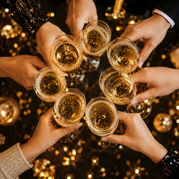 Friends celebrating with champagne glasses toast at night party.