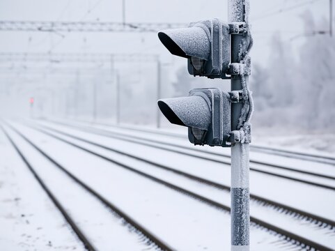 Railroad signal mast beside snow covered track in winter with frost on post and heads