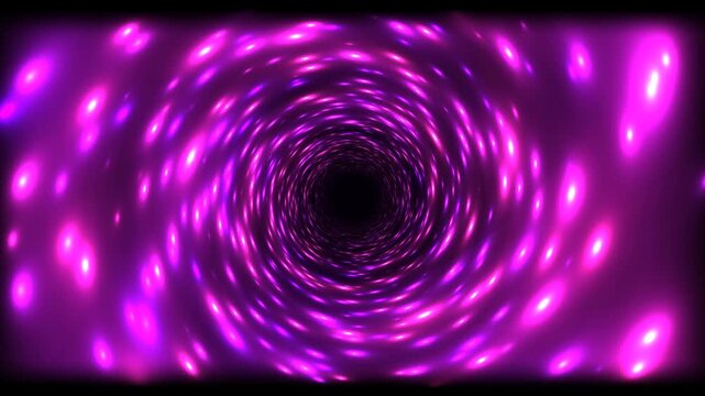 Dynamic swirling vortex of luminous purple and pink lights creating an abstract tunnel, evoking a sense of speed, energy, and futuristic travel through a cosmic or digital realm
