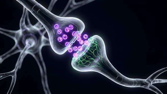 Synaptic transmission illustration showing neurotransmitter vesicles releasing chemicals across the synaptic cleft to bind with receptors on the postsynaptic neuron.
