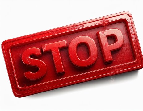 red rubber stamp with the word stop in a grunge style textured rectangle shape isolated on white background