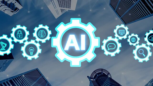 Futuristic Technology Concept with AI Integration and Gear Symbols Overlooking Skyscrapers and Urban Architecture Under Blue Sky. Entropy.