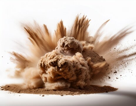 large ground dust and soil explosion isolated on a white background dynamic impact burst with flying dirt and debris clean cutout style presentation realistic detail no logos