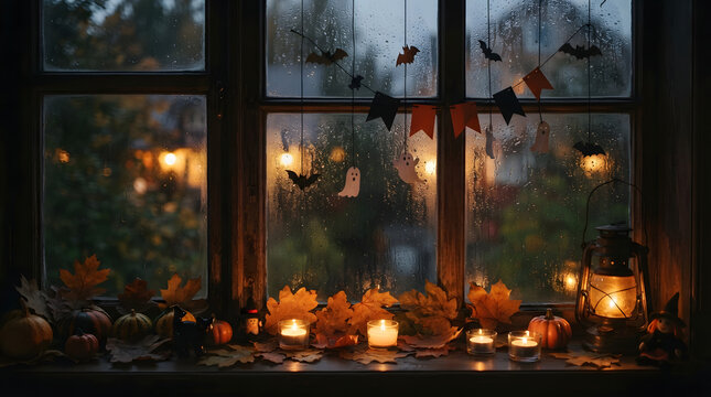 A cozy halloween scene viewed through a rain streaked window with glowing candlelight falling autumn leaves and spooky silhouettes creating a warm and inviting atmosphere
