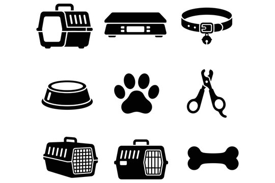 Black silhouette icons representing various pet care items and accessories on a white background