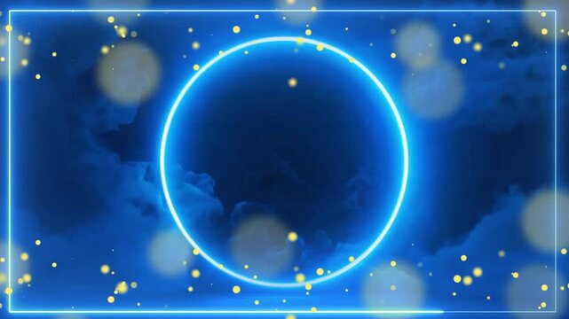 Glowing circle framed by soft bokeh lights and blue smoke creates an enchanting atmosphere for graphic designs.
