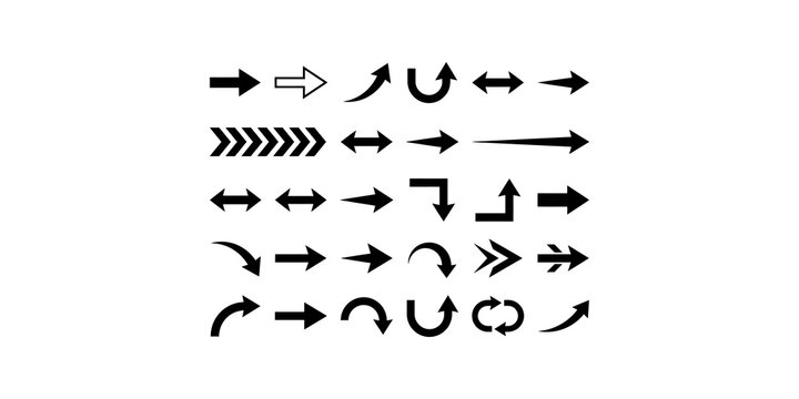 Black arrow icons collection with different directions and styles isolated on transparent background for interface design and navigation.