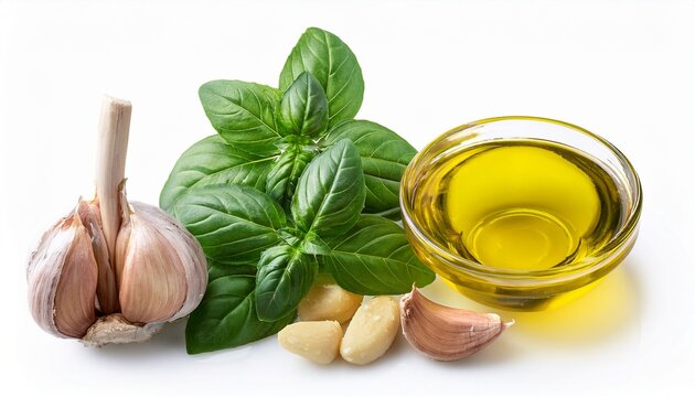 pesto ingredients with olive oil and garlic isolated on a white background