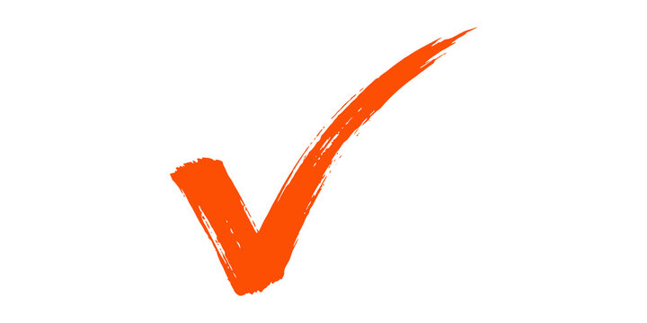 Orange ink tick mark brush stroke isolated on transparent background design element for positive confirmation validation success graphic.