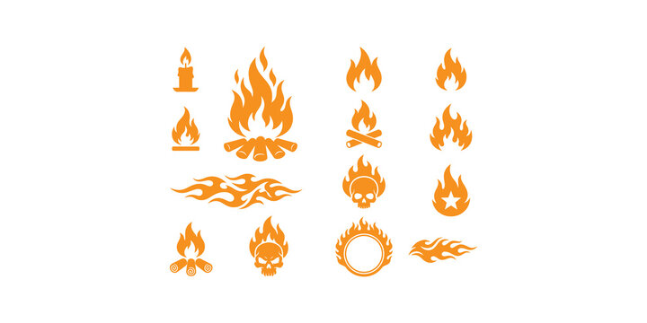 Set of vector burning flame icons isolated on transparent background featuring various fire shapes for design projects and creative media.