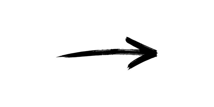 Single black brush stroke arrow pointing to right side showing hand drawn artistic style isolated on transparent background design asset.