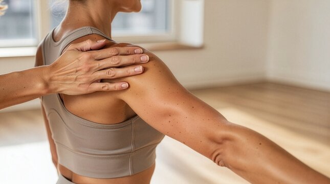 Close-up of a physiotherapist placing a hand on a woman's shoulder during a physical therapy or posture assessment session in a bright fitness studio for wellness concepts.
