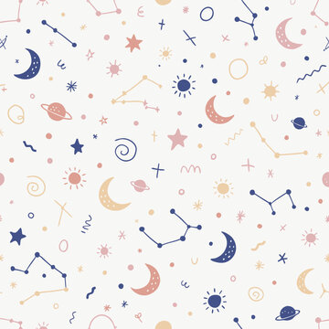 Celestial seamless pattern with hand drawn stars and moons. Whimsical space background with constellations and planets. Pastel nursery wallpaper vector.
