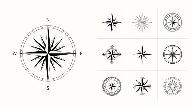 Compass roses illustrate various vintage navigational styles with sharp black lines on white paper.