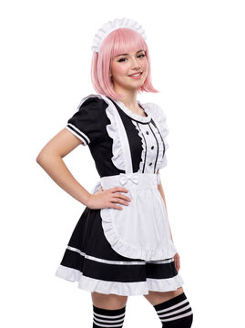 Female maid cosplayer with pink wig