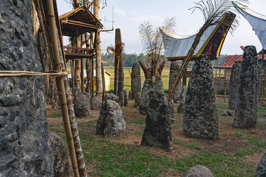 Ancient megalithic stone burial complex and ceremonial ground at Bori Parinding in North Toraja Indonesia