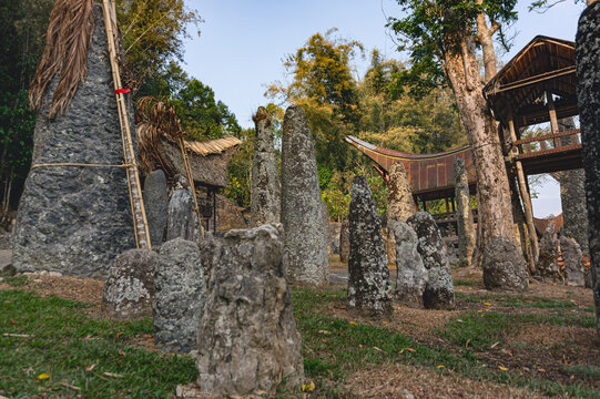 Ancient megalithic stone burial complex and ceremonial ground at Bori Parinding in North Toraja Indonesia